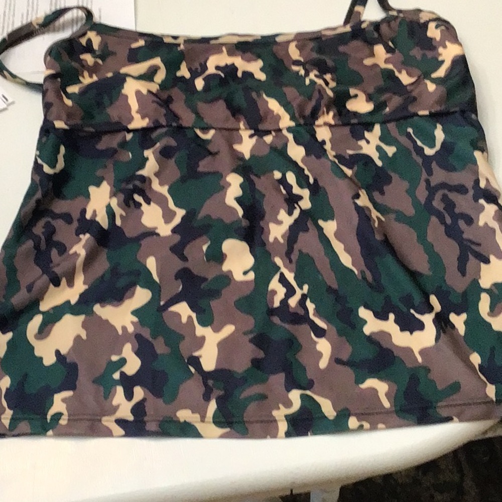 Beautiful tankini bathing suit top. Old style green,brown, and tan camo pattern.